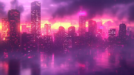 Fototapeta premium Synthwave Cityscape: Neon Lights Reflecting on Calm Waters at Sunset
