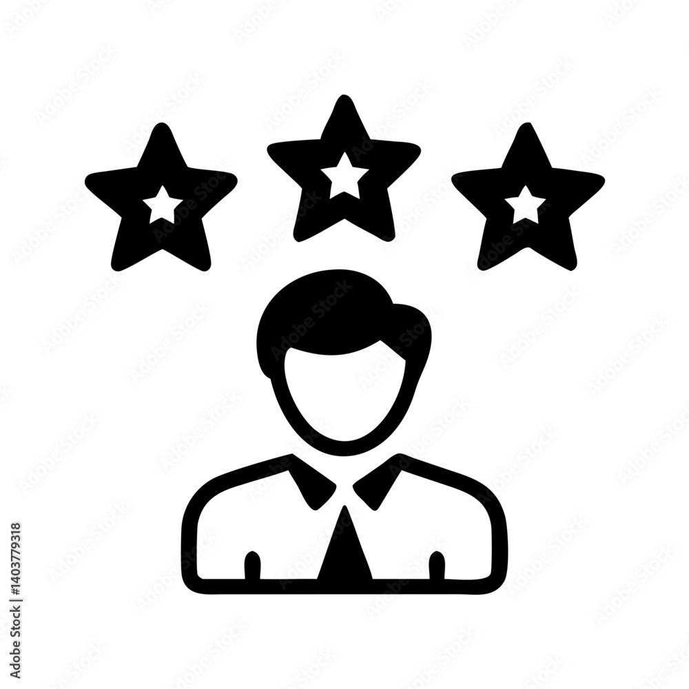 Poster person with stars icon representing customer feedback and user rating experience