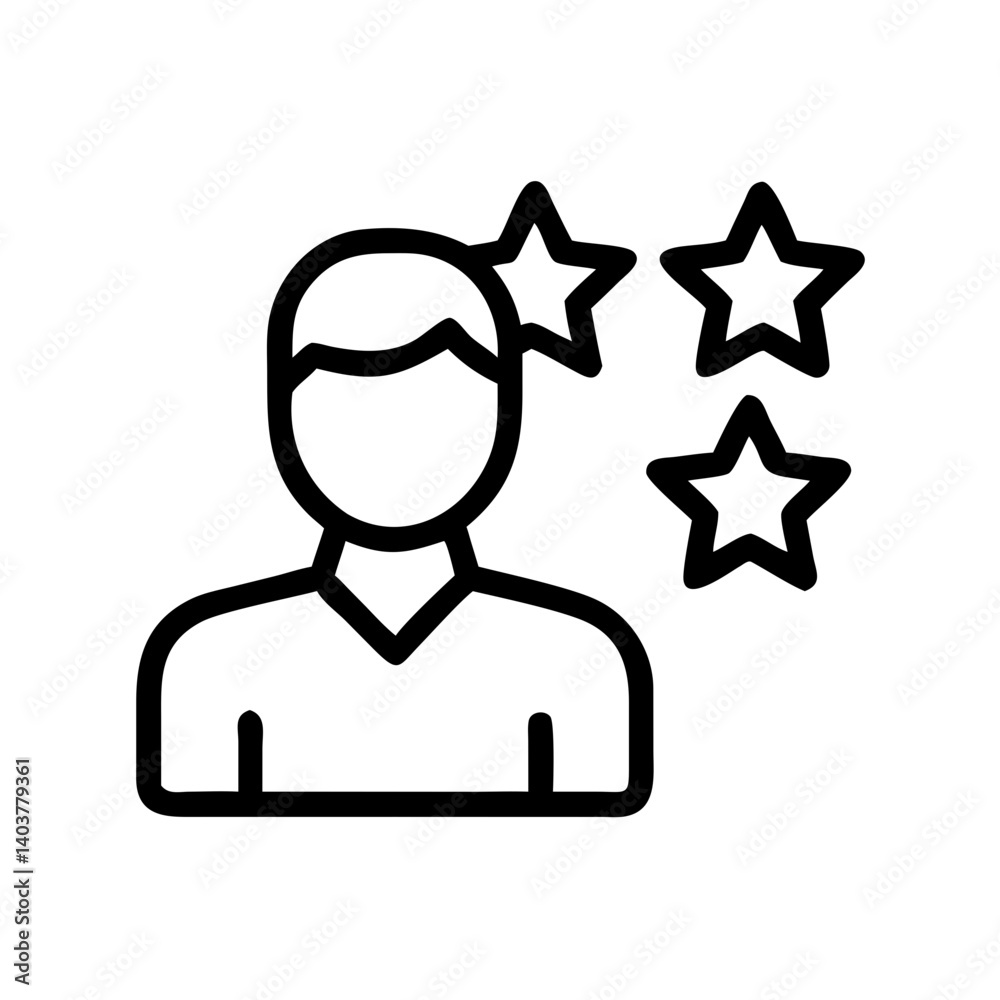 Poster person with stars icon representing customer feedback and user rating experience