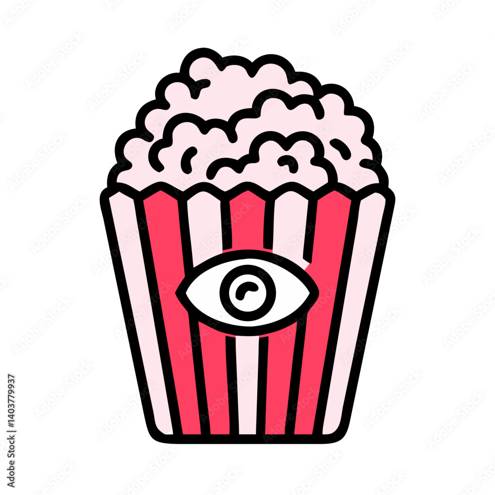 Poster popcorn with eye icon representing movie viewing and entertainment experience
