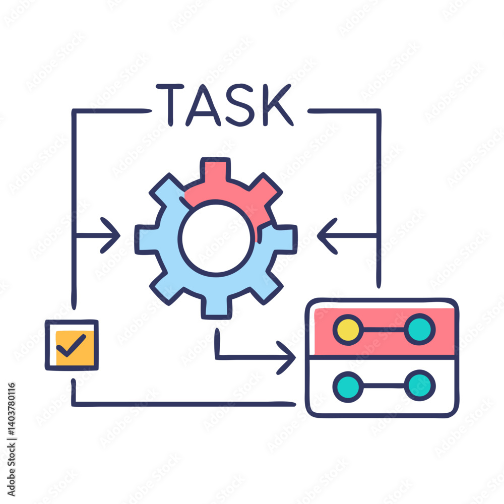 Poster Process Flow Diagram with Gear Icon Representing Workflow Automation and System Optimization