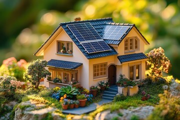 Miniature house with solar panels.  Features a charming,  eco-friendly design