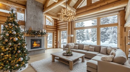 Cozy Winter Retreat Featuring a Beautifully Decorated Living Room With a Christmas Tree and a Fireplace in a Snowy Setting
