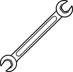 Black outlined spanner, wrench tool with open and closed end on transparent background