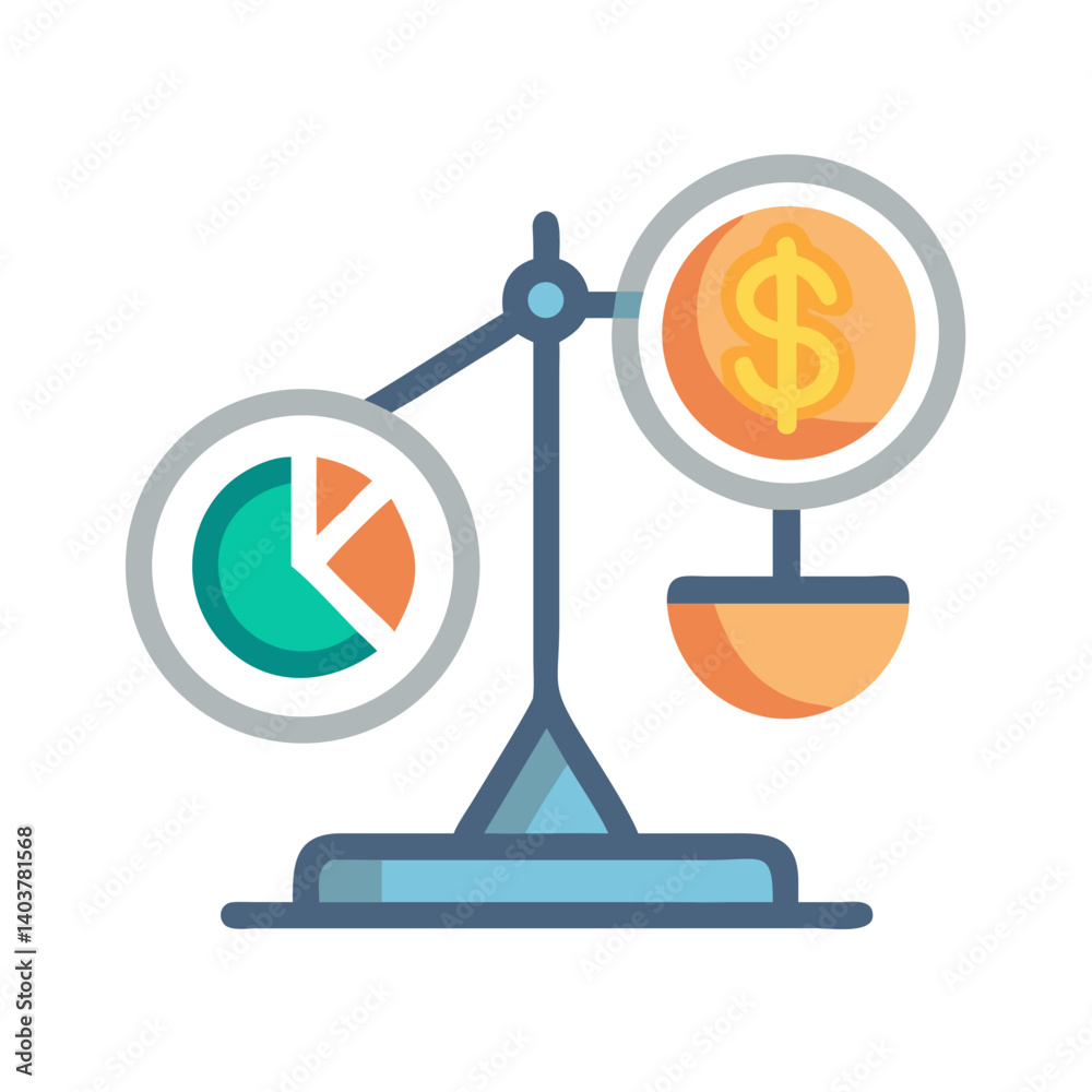 Aufkleber scale balancing pie chart and coin icon representing financial analysis and economic balance