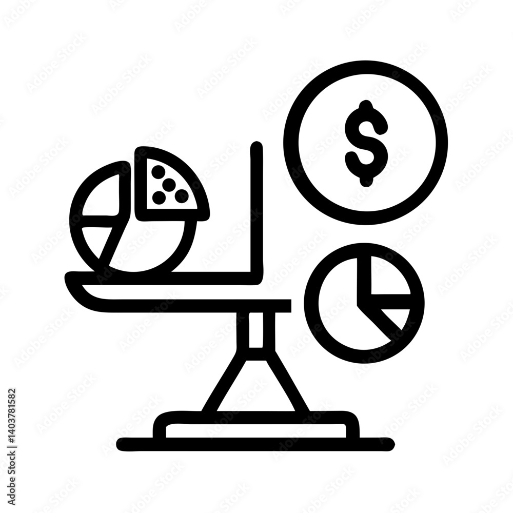 Aufkleber scale balancing pie chart and coin icon representing financial analysis and economic balance