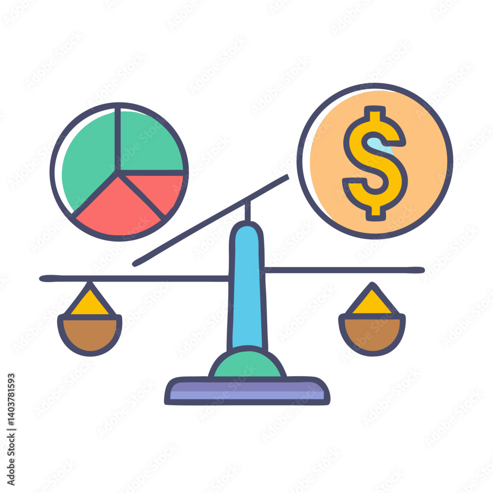 Aufkleber scale balancing pie chart and coin icon representing financial analysis and economic balance