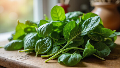 Obraz premium Fresh spinach leaves on a wooden cutting board in a cozy kitchen setting