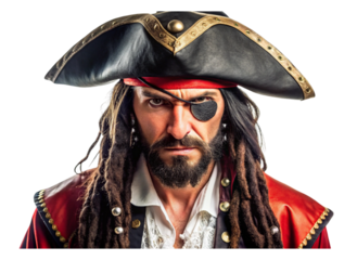 Fearsome pirate with dreadlocks, tricorn hat, and eyepatch, embodying a classic swashbuckler look, isolated on white