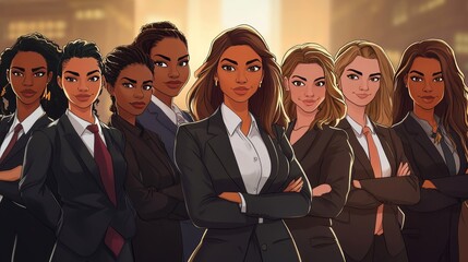 Women in Business Suits Stand Confidently Together in a Cityscape During Golden Hour Promoting Empowerment and Collaboration Among Professionals