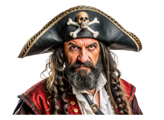 Portrait of a pirate captain with skull and crossbones hat, fierce expression, and rugged attire on Transparent Background