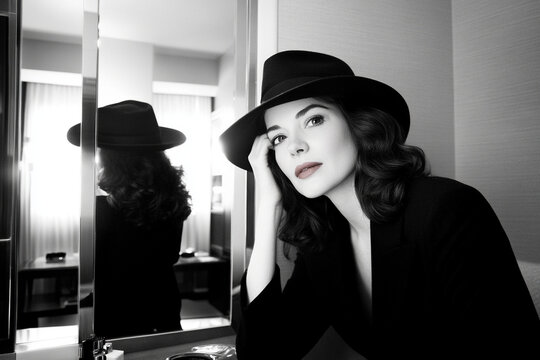 Woman tries on stylish hat in front of mirror while preparing for a fashionable outing in a chic hotel room