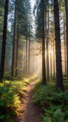 Fototapeta premium Path through a coniferous forest with sunbeams cutting through morning fog, peaceful and cool-toned environment