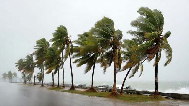 Palm trees bending in strong winds during tropical coastal rainstorm