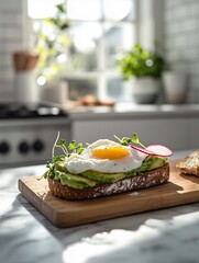 A fresh avocado toast on whole-grain bread, topped with poached eggs, radish slices, and microgreens.