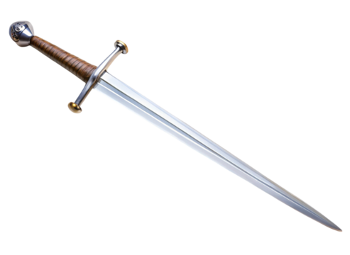 Close up of classic medieval sword with polished steel blade and detailed hilt design on Transparent Background