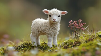 Naklejka premium Adorable lamb in a natural setting with lush greenery and pink flowers. Diorama.