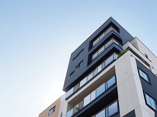 Modern apartment buildings on a sunny day with a blue sky