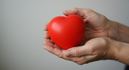 Fototapeta premium Red Heart Shape Held in Gentle Hands Expressing Love and Care Against a Neutral Background Symbolizing Health and Affection