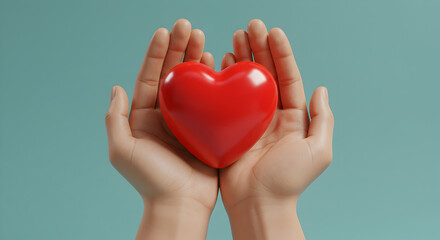 Fototapeta premium Red Heart Held in Two Hands Against Blue Background Concept For Health and Love