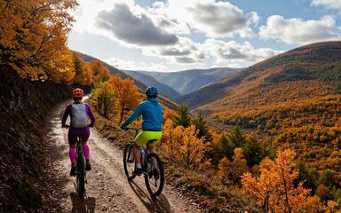 Fototapeta premium Couple cycling through autumn forest path surrounded by colorful foliage and scenic mountains