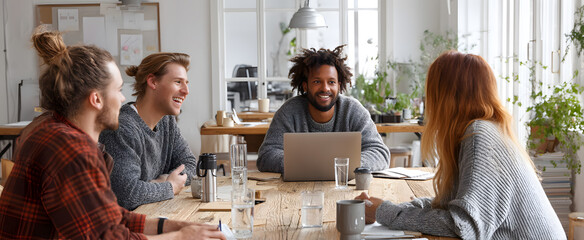 A group of professionals engaged in a collaborative meeting in a modern office environment, using laptops for online training and idea-sharing