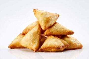 Pile of samosas, triangular shape on white background