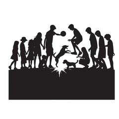 Outdoor activity with dog silhouette, Family, Dog, Play, Silhouette vector illustration.