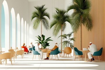 Fototapeta premium Elegant indoor cafe with serene atmosphere and modern decor in bright daylight
