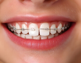Obraz premium Close-Up Portrait of Smiling Girl with Braces in Natural Light 