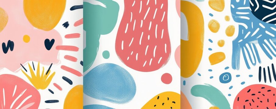 Fun colorful seamless pattern collection. Creative minimalist style art background for children or trendy design with bright basic shapes. Simple and playful childish doodle backdrop