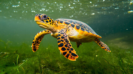 Fototapeta premium Spotted Sea Turtle Swimming Underwater
