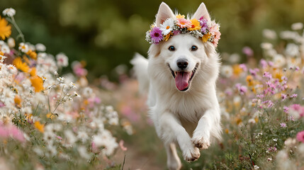 Joyful Dog Running Through Meadow Wearing Flower Crown
