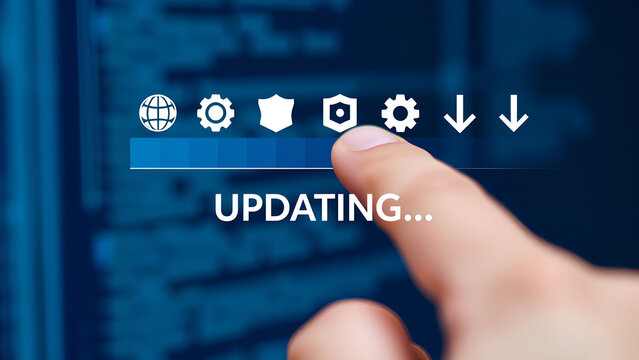 System Update: Finger on Loading Bar with Globe and Gears.