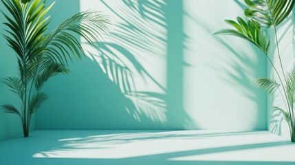 Fototapeta premium Captivating Play of Light and Shadows Created by Lush Green Palm Leaves Against a Serene Mint Backdrop Perfect for Relaxation or Inspiration