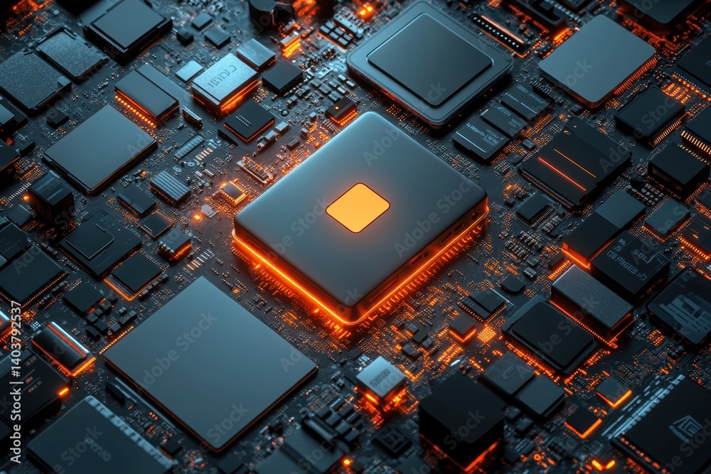 Poster A high-resolution image of a microchip on a circuit board.