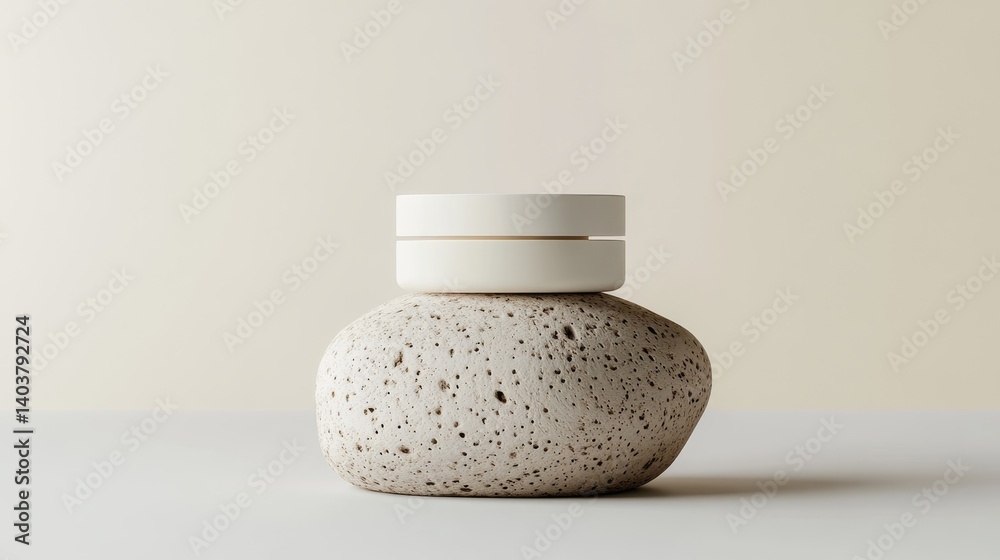Poster minimalistic design featuring a smooth object resting on a textured stone against a neutral backdrop