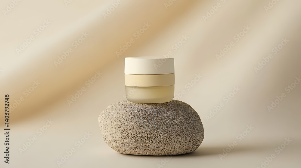 Poster minimalistic design featuring a smooth object resting on a textured stone against a neutral backdrop