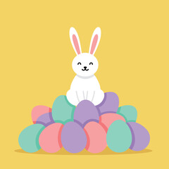 Fototapeta premium Cute bunny sitting atop colorful eggs in flat vector art