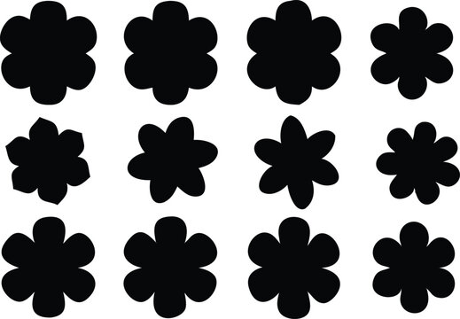 Twelve Black Flower Silhouettes on a White Backdrop Arrayed in a Rectangular Grid