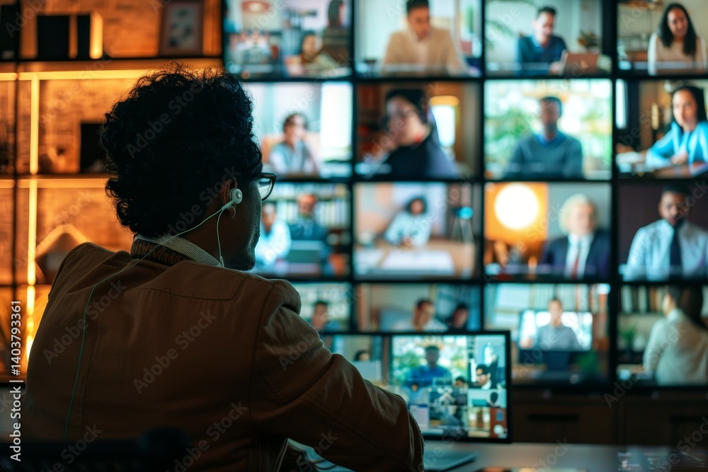 Poster person attending a virtual meeting with a grid of screens displaying multiple participants, a grid o