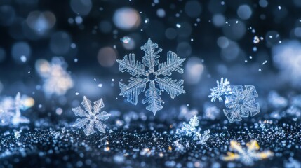 Captivating Macro Photograph of Intricate Snowflakes on a Dark Surface with Bokeh Background Winter Season