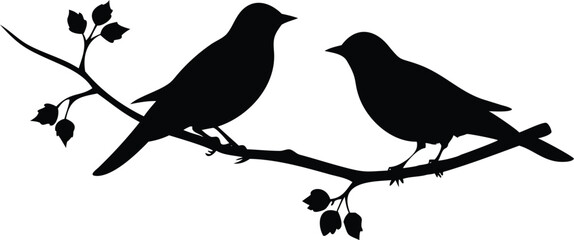 Two Birds Silhouette On Branch With Leaves, Elegant Design Isolated On White Background