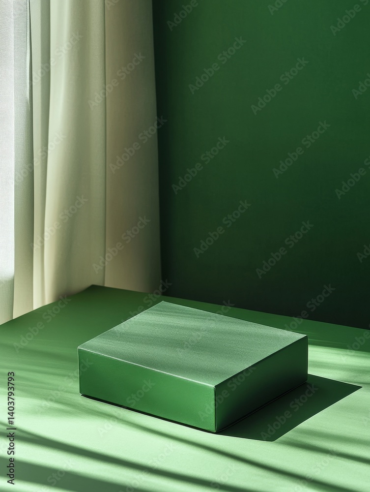 Poster stacked green boxes with textured surface in soft lighting create an artistic display in a minimalis