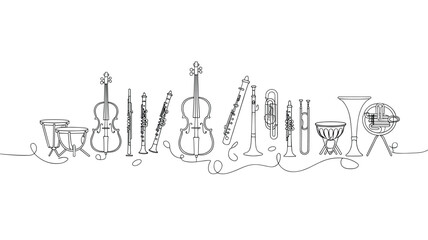 A continuous line drawing of various orchestra musical instruments on a white background, vector illustration 