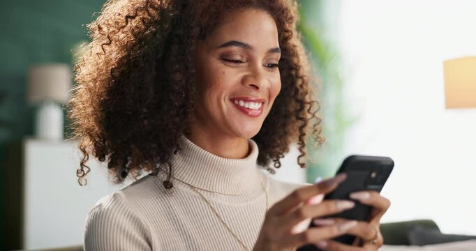 Happy woman, typing and chatting with phone for social media, browsing or reading news at home. Female person in relax with smile on mobile smartphone for online texting, scrolling or app at house