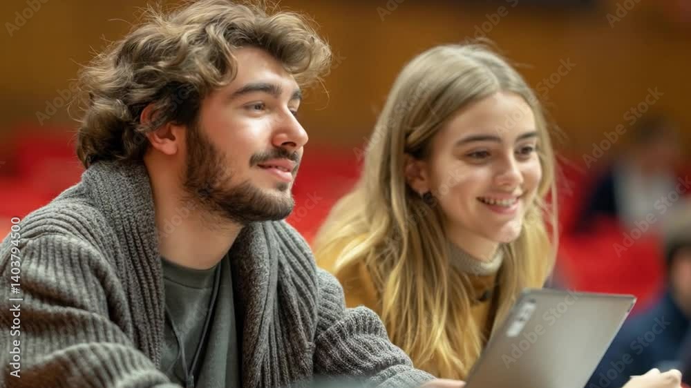 Poster this two students actively participating in a classroom discussion, smiling and focused on their wor