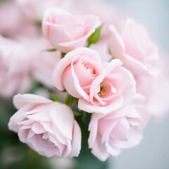 Against a subtly blurred background, a collection of light pink rose blossoms with their soft, delicate petals and diverse bloom stages creates a gentle and romantic floral composition.