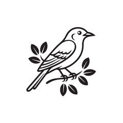 Illustration of a bird perched on a branch surrounded by leaves in a simple line art design