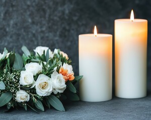 A serene arrangement featuring two lit candles beside a floral bouquet, creating a calm and inviting atmosphere.